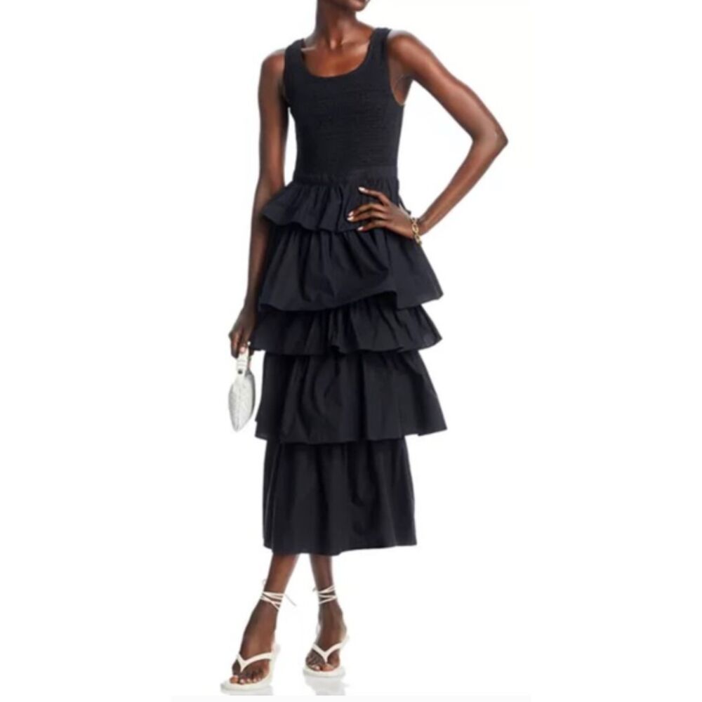 Rhode Nia Sleeveless Tiered-Ruffle Cotton Maxi Dress Black Size 6